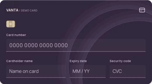 Actual demo card form with number, cardholder, expiry and security-code fields.