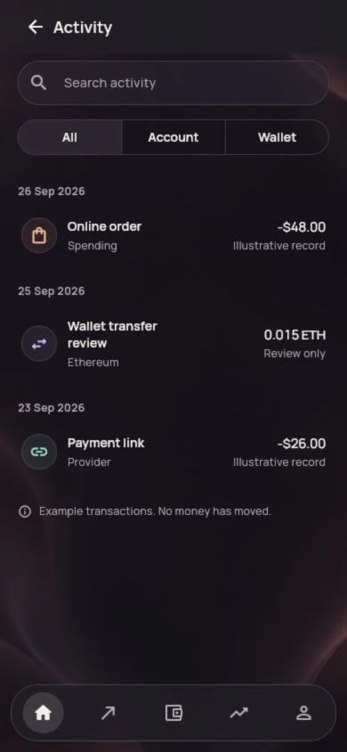 Vanta app Activity screen with account and wallet filters and clearly labeled illustrative records. No money has moved.