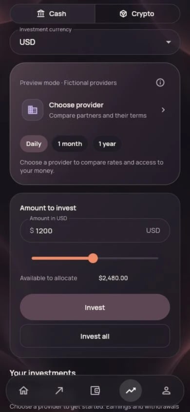 Vanta app Grow screen with separate cash and crypto investing, fictional provider selection and an investment amount draft. No investment is executed.