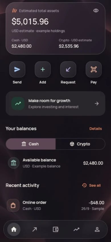 Vanta app Home screen with an estimated asset total, separate cash and crypto subtotals, and example activity.