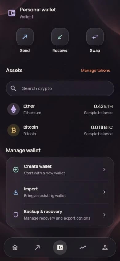 Vanta app Wallets screen with sample Ether and Bitcoin holdings and wallet creation, import and backup controls.